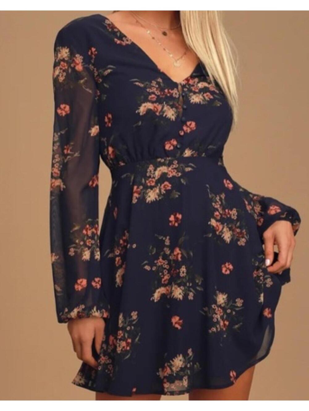 LULUS navy floral long sleeve mini dress sz M